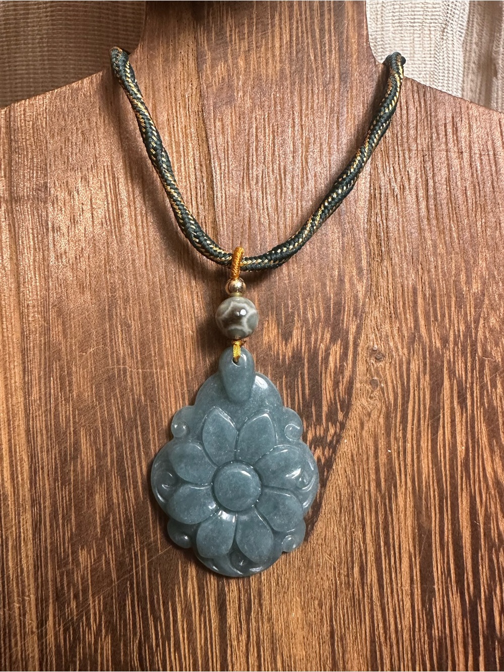 Green Jade Flower Pendant Necklace with Ocean Jasper on Green and Gold Rope - Picture 7 of 11